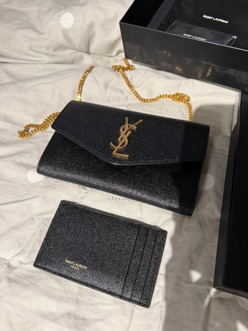 SAINT LAURENT Uptown Chain Wallet in Grain De Poudre Embossed Leather
